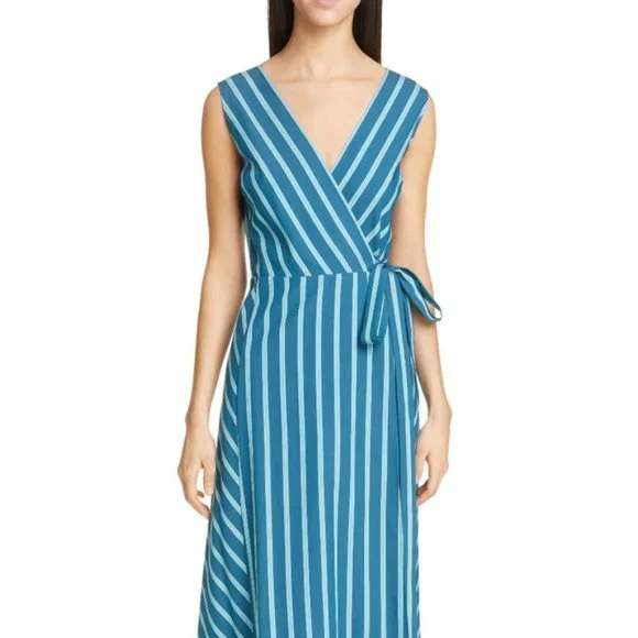 ❎SOLD Lafayette 148 Siri Wrap Dress Striped Blue Pacific Sleeveless Long Dress 2 - Picture 3 of 14